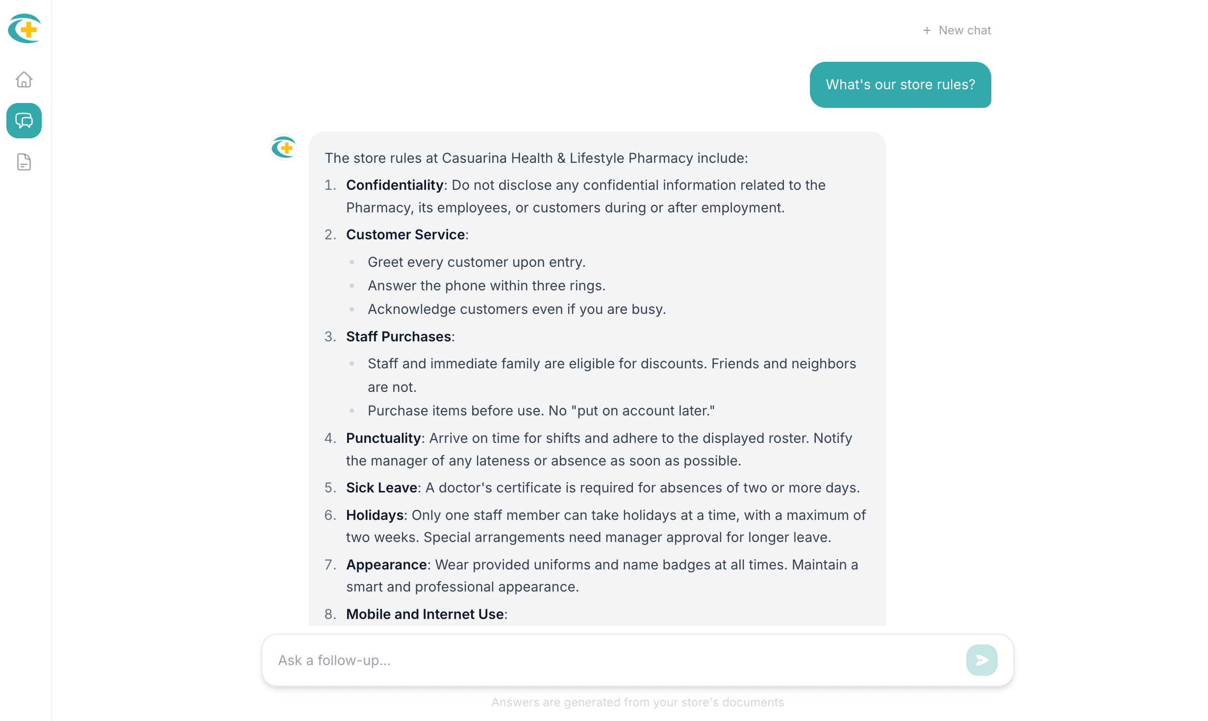 PharmStack assistant answering store rules with numbered answers sourced from the pharmacy’s own documents.