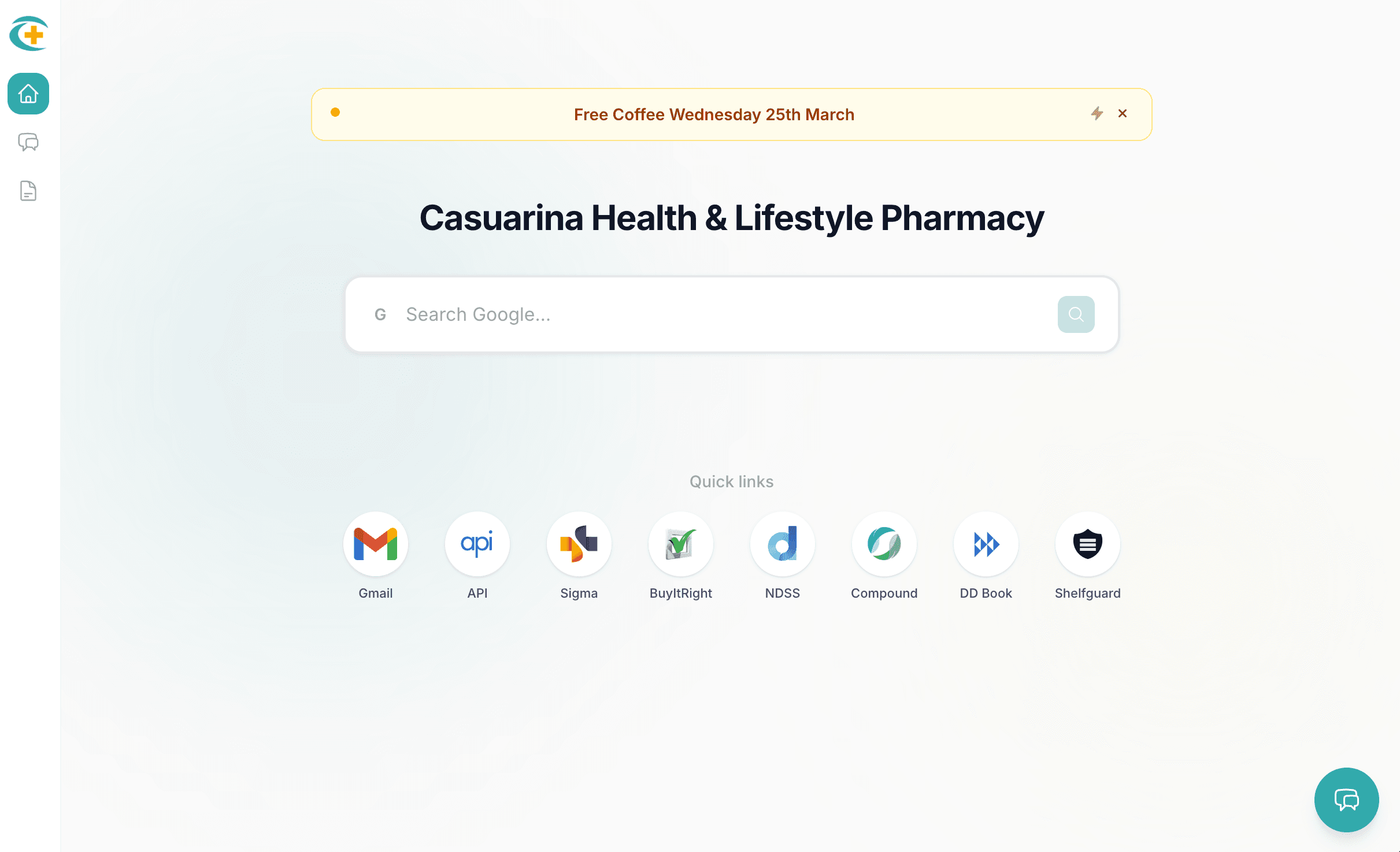 PharmStack pharmacy dashboard showing announcement bar, search, and quick link tiles.